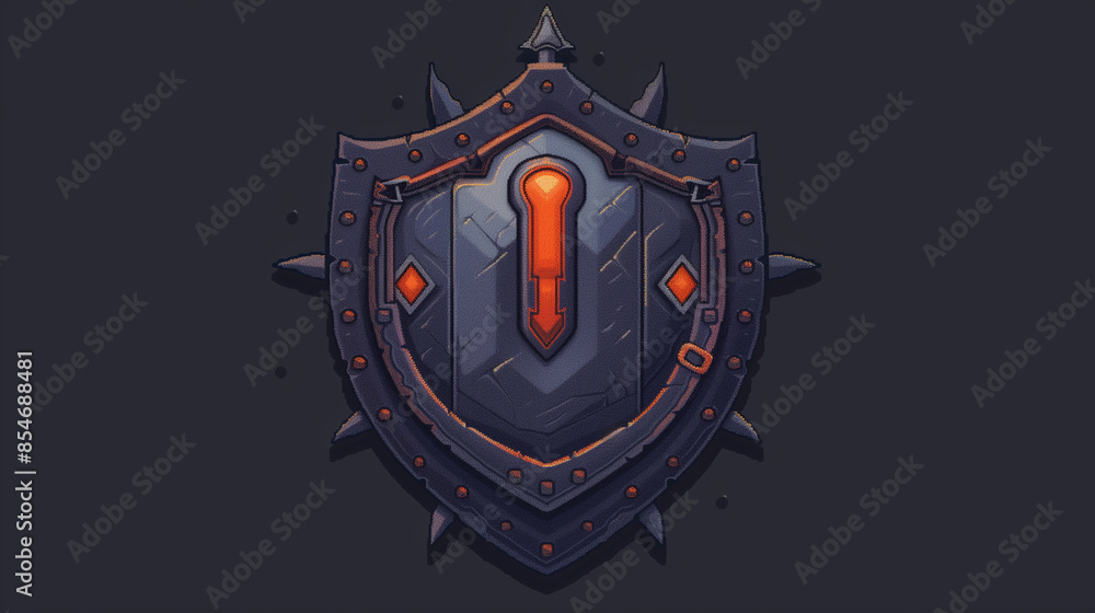 Fototapeta premium A pixel art spiked shield with a dark metallic finish , game assets, pixel art