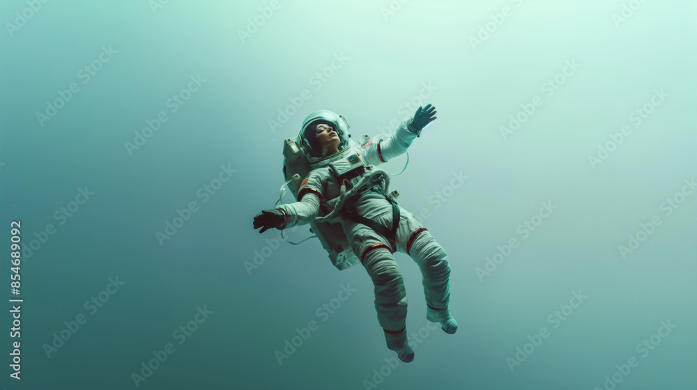 A female space explorer in an advanced space suit, floating in zero gravity , with copy space A female space explorer in an advanced space suit, floating in zero gravity , with copy space