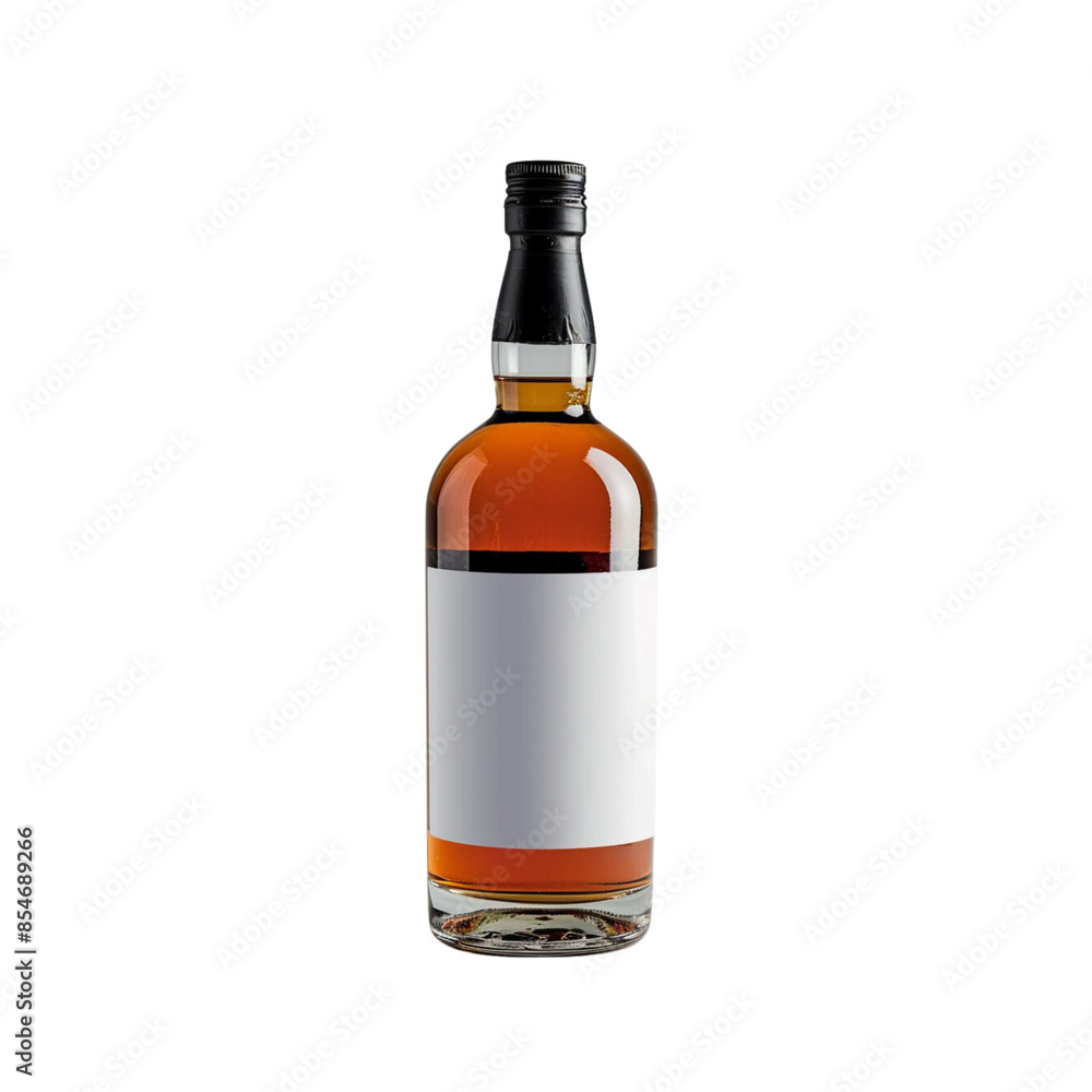 Whiskey bottle with blank white label on front on a transparent background Whiskey bottle with blank white label on front on a transparent background