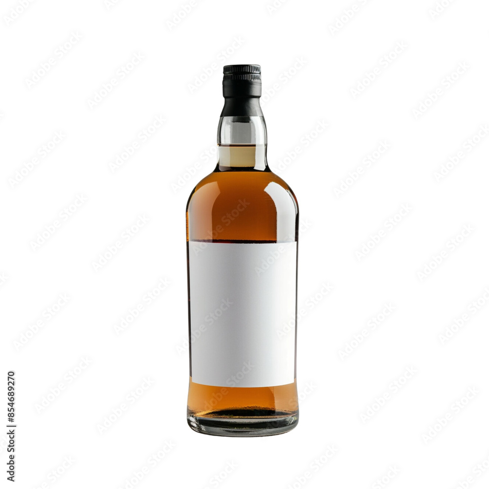 Whiskey bottle with blank white label on front on a transparent background Whiskey bottle with blank white label on front on a transparent background