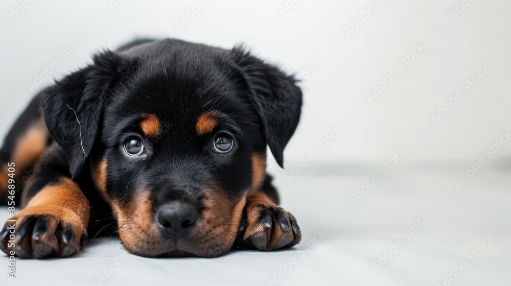 Rottweiler puppy against a white backdrop Rottweiler puppy against a white backdrop