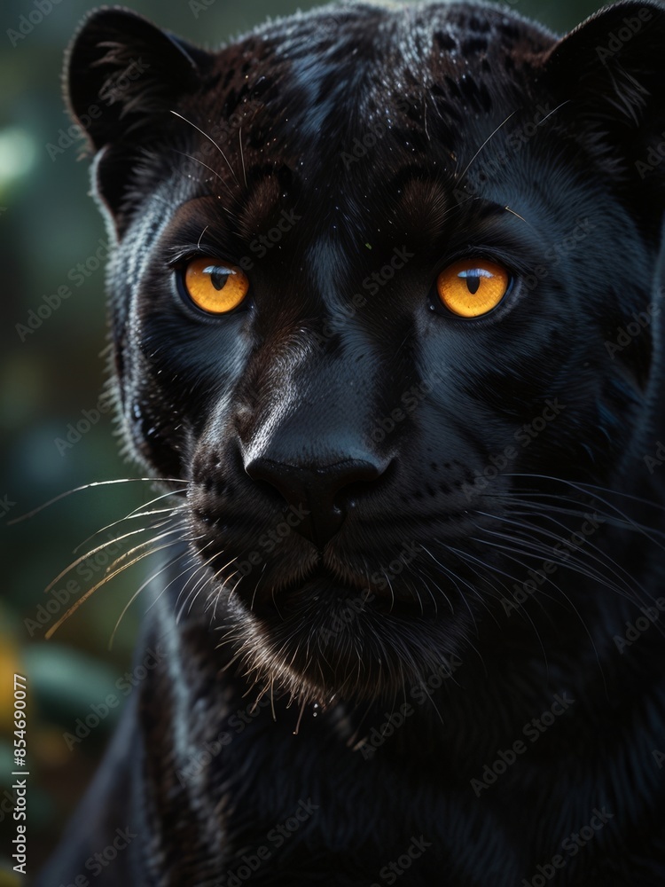 A close up portrait of a black panther with piercing golden eyes A close up portrait of a black panther with piercing golden eyes