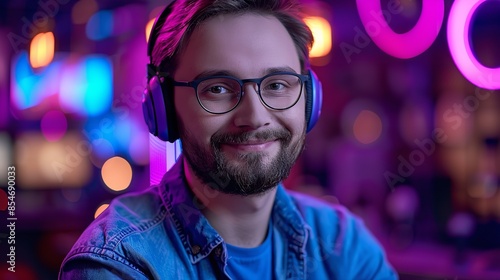A man smiles at the camera while wearing headphones and a blue shirt in a dimly lit nightclub