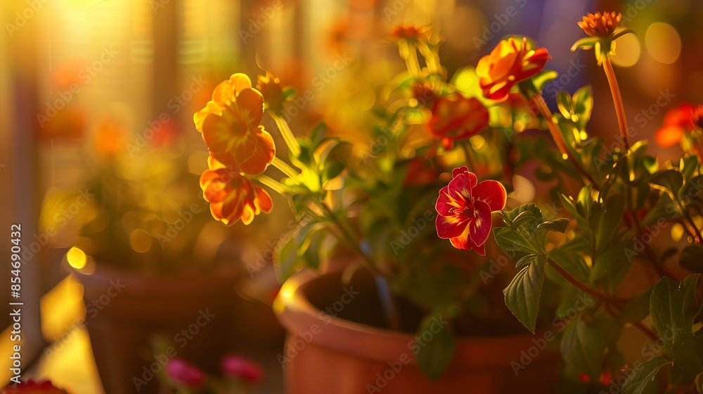 Elegant blooms in pots, close view, early dusk, warm light, saturated colors, clear focus, decorative Elegant blooms in pots, close view, early dusk, warm light, saturated colors, clear focus, decorative