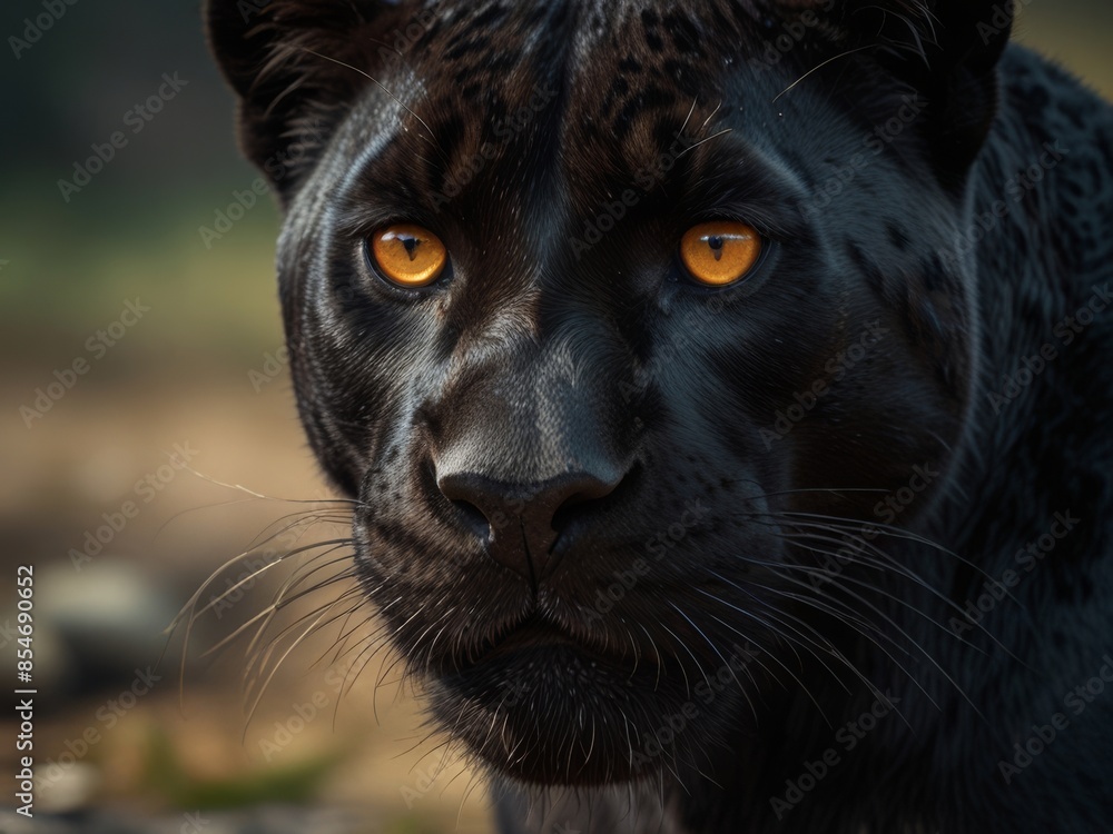 A close up portrait of a black panther with piercing golden eyes A close up portrait of a black panther with piercing golden eyes
