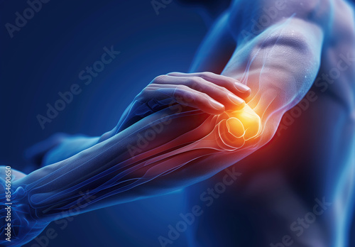 A 3D model of an elbow joint is shown, highlighting areas of pain and inflammation with bright red and orange colors. Generative AI.