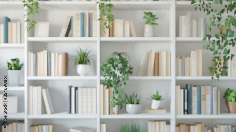 Blurred background of a home library with white bookshelves full of books and plants Blurred background of a home library with white bookshelves full of books and plants