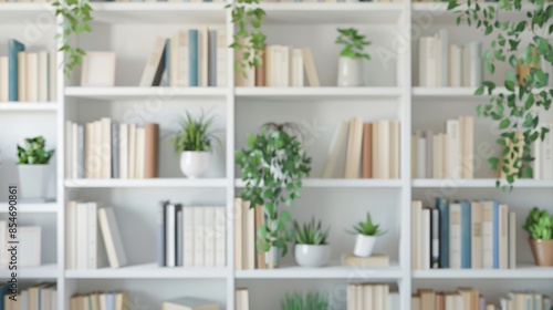 Blurred background of a home library with white bookshelves full of books and plants
