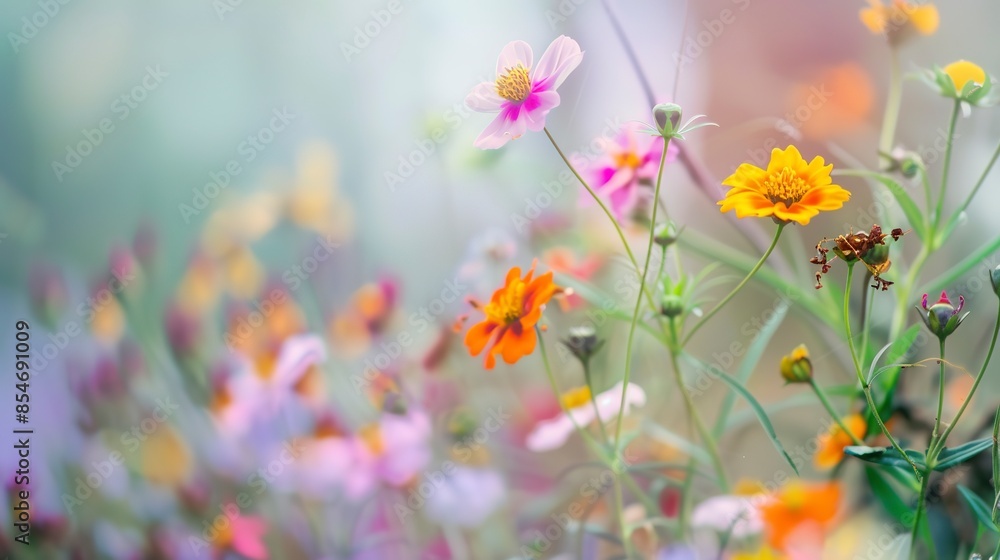 Cluster of edible flowers, close view, misty morning, soft focus, colorful palette, peaceful, kitchen garden Cluster of edible flowers, close view, misty morning, soft focus, colorful palette, peaceful, kitchen garden