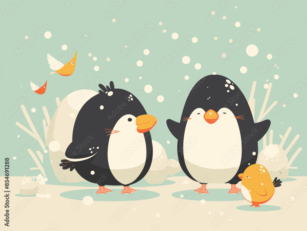 Naklejka premium Cute penguins, birds and snowflakes. Vector illustration.