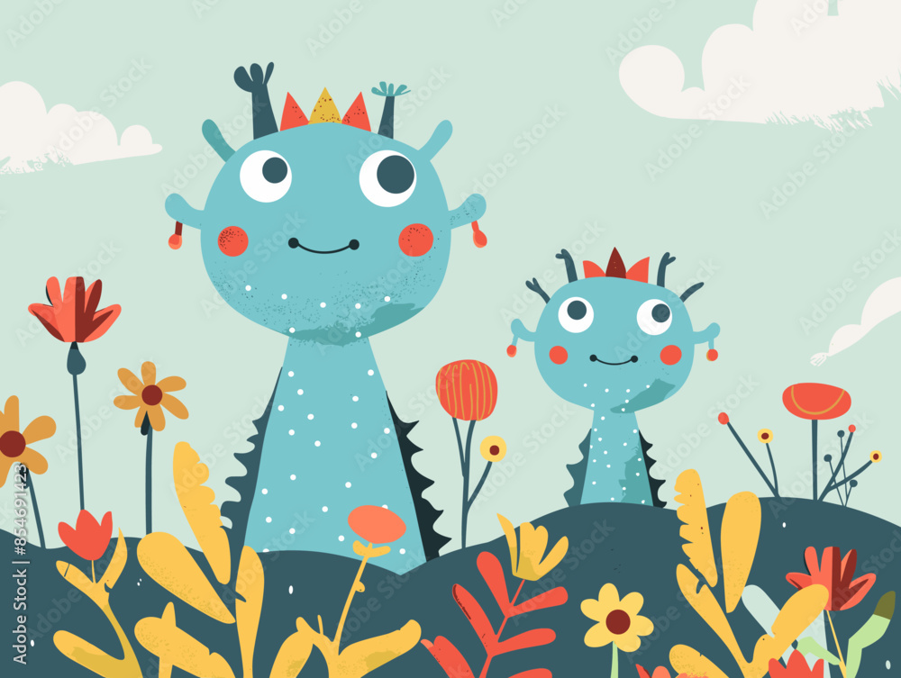 Naklejka premium Cute monsters and flowers in the meadow. Vector illustration.
