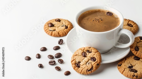 Quality photo of a coffee cup with cookies on a white background