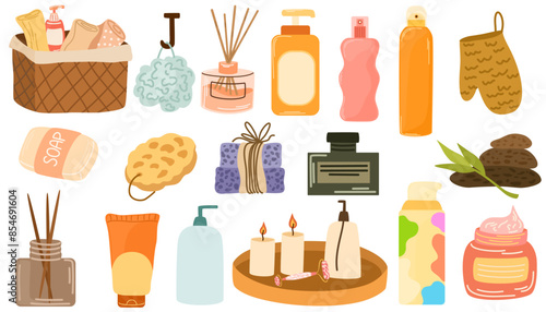 Cosmetic bottles, tubes, jars set. Bath toiletries, hygiene and care stuff. Soap, gel, cream, shampoo, washcloth and different bathroom items. Flat vector illustrations isolated on white background