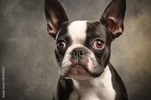 Portrait of a cute boston terrier in front of soft gray background
