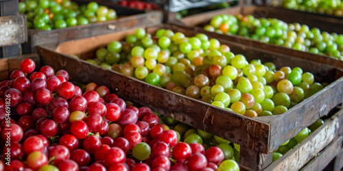 A crate of red grapes sits next to a crate of green grapes