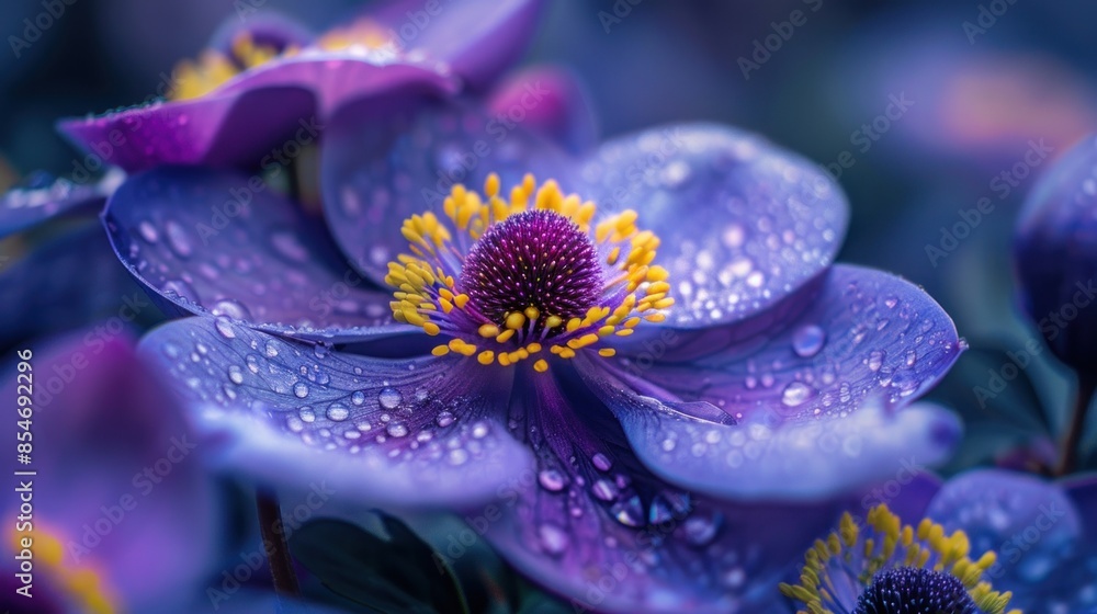 Close-Up of a Blue Flower with Dew Drops Close-Up of a Blue Flower with Dew Drops
