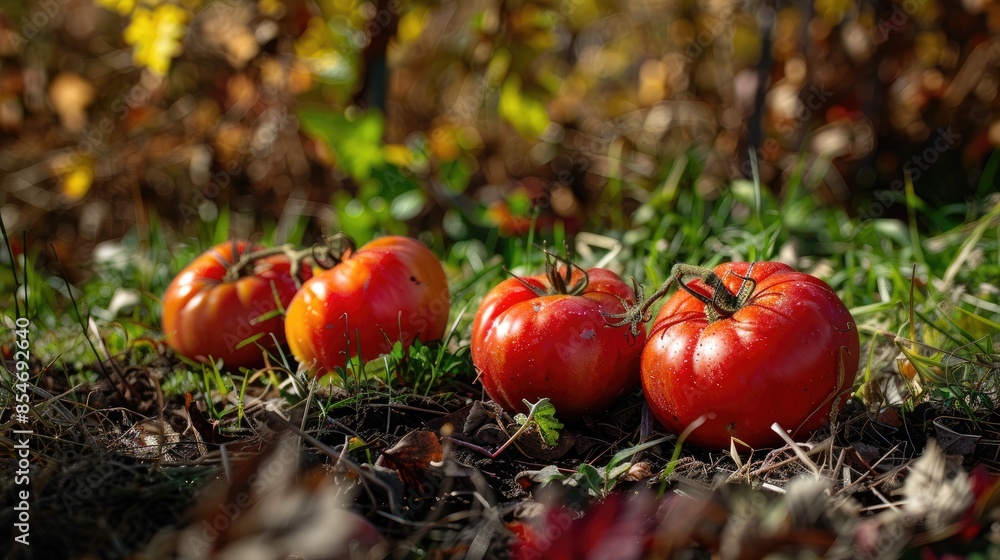 Ripe red tomatoes resting on the parched lawn in the fall garden Ripe red tomatoes resting on the parched lawn in the fall garden