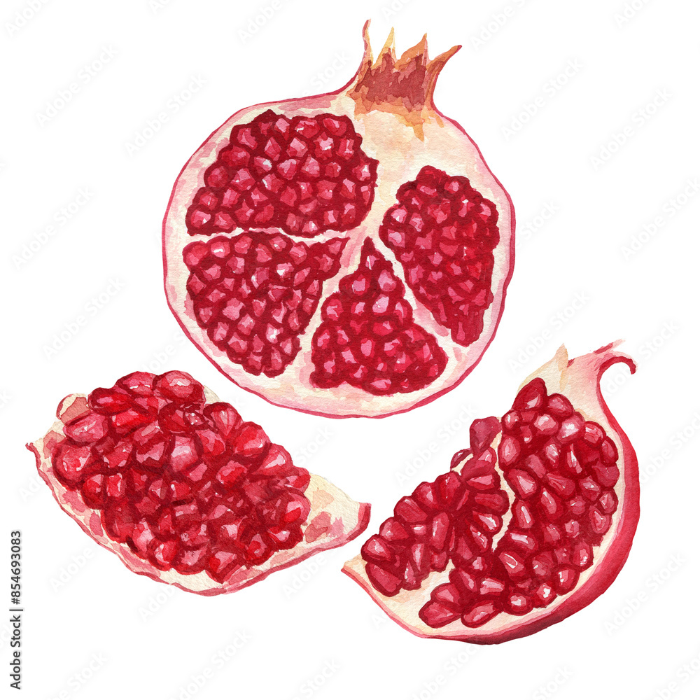 Pomegranate cut watercolor illustration isolated on white background. Art creative object garnet for menu, textile, card, sticker, wallpaper, wrapping Pomegranate cut watercolor illustration isolated on white background. Art creative object garnet for menu, textile, card, sticker, wallpaper, wrapping
