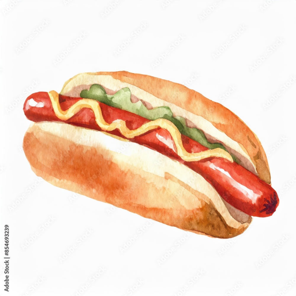 Hand drawn watercolor hot dog isolated on white background Hand drawn watercolor hot dog isolated on white background