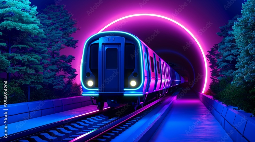 Naklejka premium Subway train exiting a glowing tunnel, trees growing within, neonlit ambiance, ethereal atmosphere, futuristic and dreamlike