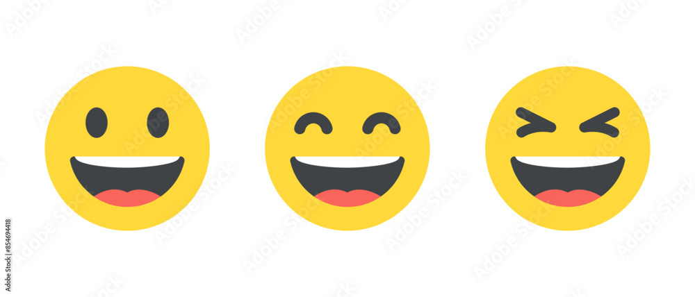 Fototapeta premium Laughing face emoji icon set in flat design. Laugh, LOL facial emoticon concept
