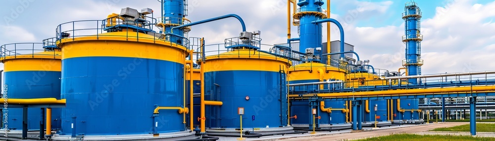 Modern chemical processing facility, extensive network of pipes and tanks, vibrant yellow and blue structure, surrounded by clean roads and greenery Modern chemical processing facility, extensive network of pipes and tanks, vibrant yellow and blue structure, surrounded by clean roads and greenery
