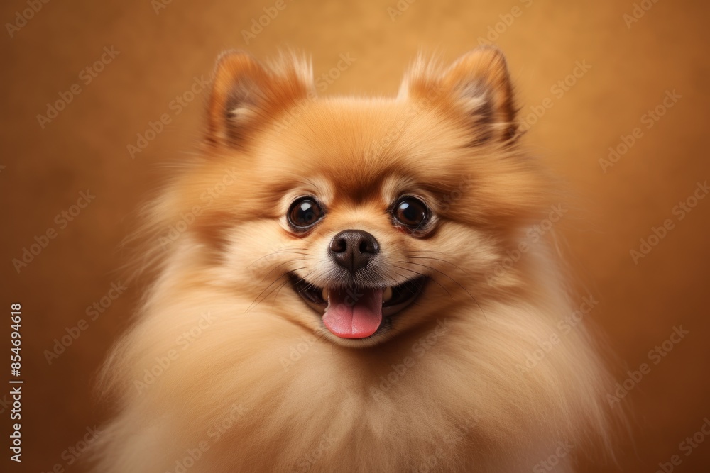 Portrait of a smiling pomeranian while standing against soft brown background Portrait of a smiling pomeranian while standing against soft brown background