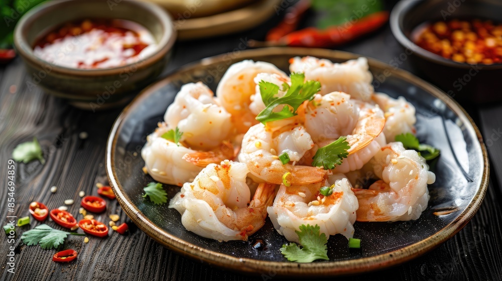 Steamed shrimp dumplings known as Hakau Udang served with chili sauce on a dark wooden table Steamed shrimp dumplings known as Hakau Udang served with chili sauce on a dark wooden table