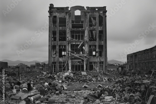 Black and white photograph of a destroyed building surrounded by rubble, depicting a post-apocalyptic or war-torn urban environment. photo