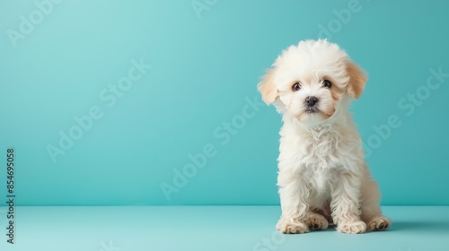 A cute Bichon Frise puppy sitting on a solid pastel background with space above for text