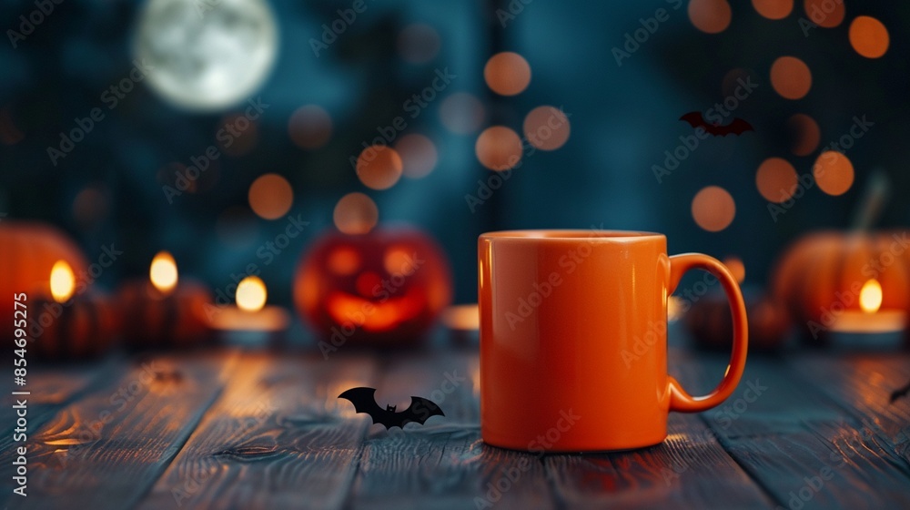 Obraz premium Eerie Halloween night with an orange mug, bats against a full moon, surrounded by pumpkins and candles, creating a spooky yet cozy scene