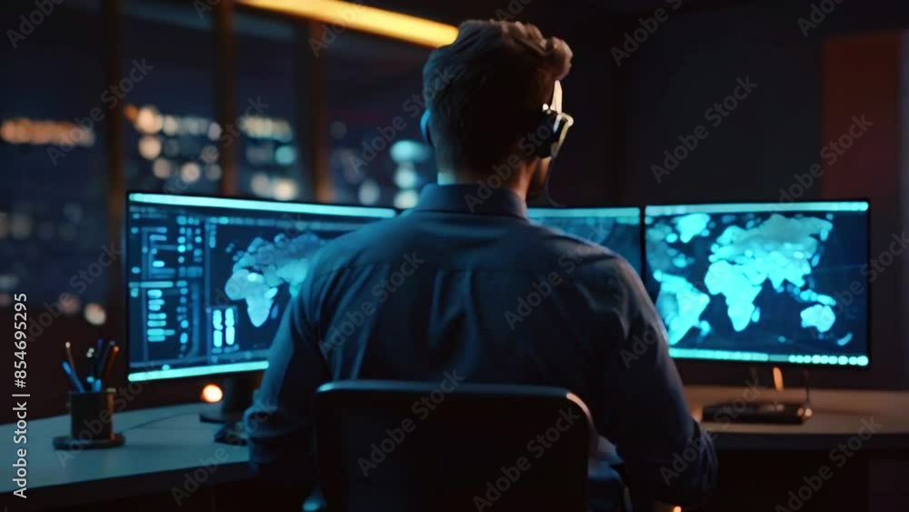 A person is sitting in a dark room looking at three computer screens. A person is sitting in a dark room looking at three computer screens.