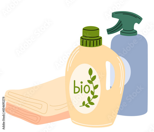 Cleaning, washing liquids in bottles, plastic packages. Chemical cleanser, cleaner, detergent products in packs. Laundry gel and softener, towels. Flat vector illustration isolated on white background