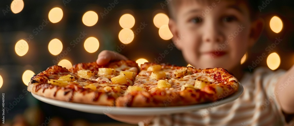 Kid eagerly offering a Hawaiian pizza slice with pineapples, playful bokeh lights in the background, focus on pizza Kid eagerly offering a Hawaiian pizza slice with pineapples, playful bokeh lights in the background, focus on pizza