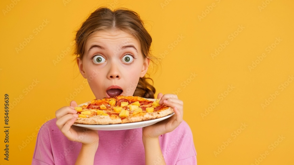 Joyful girl presenting a slice of pineappletopped pizza, surprised expression, vibrant background, shallow depth of field Joyful girl presenting a slice of pineappletopped pizza, surprised expression, vibrant background, shallow depth of field