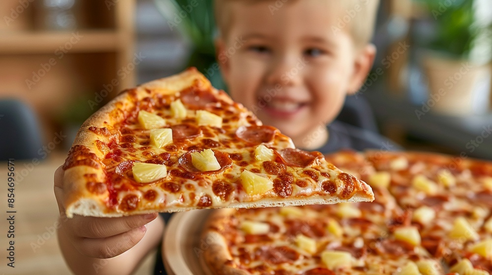 Excited child holding a slice of Hawaiian pizza with pineapple and ham, blurred background, closeup focus on pizza Excited child holding a slice of Hawaiian pizza with pineapple and ham, blurred background, closeup focus on pizza