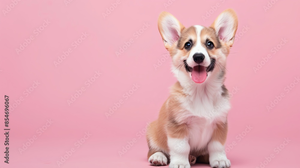 A cute Pembroke Welsh Corgi puppy sitting on a solid pastel background with space above for text A cute Pembroke Welsh Corgi puppy sitting on a solid pastel background with space above for text
