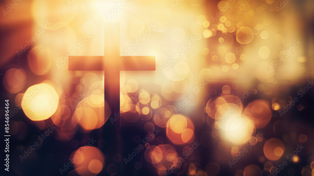 cross is blurred in the background of a church, with a bokeh effect and sunlight shining through the window. The scene conveys tranquility and spiritual harmony. With copy space. cross is blurred in the background of a church, with a bokeh effect and sunlight shining through the window. The scene conveys tranquility and spiritual harmony. With copy space.