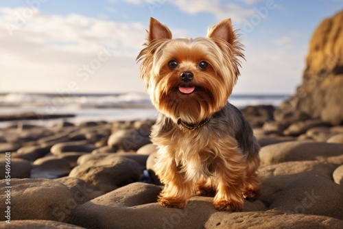 Portrait of a happy yorkshire terrier isolated in sandy beach background