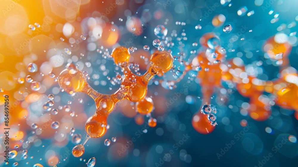 Diagonal DNA molecule and transparent droplets, shallow focus. Biochemistry, modern medicine or genetic research related 3D rendering background Diagonal DNA molecule and transparent droplets, shallow focus. Biochemistry, modern medicine or genetic research related 3D rendering background