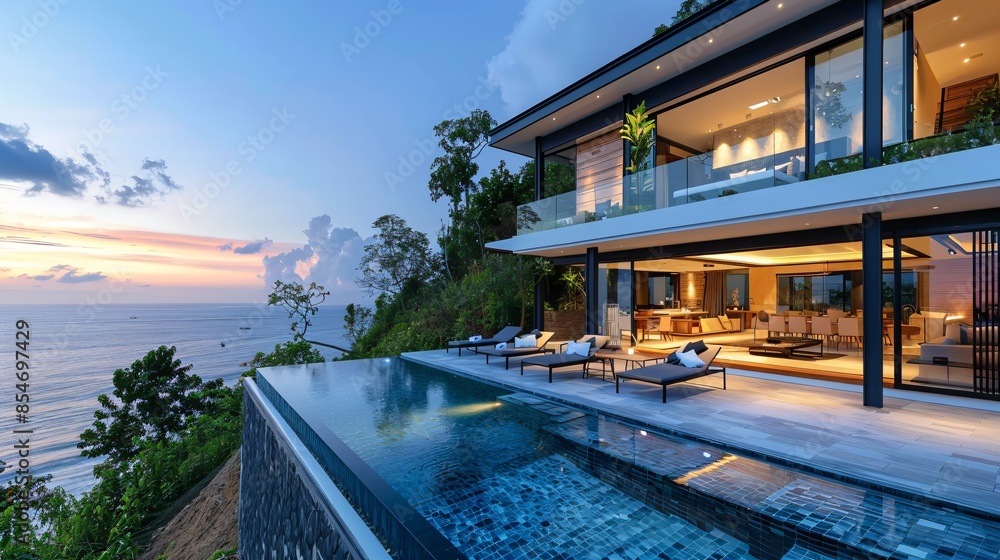 Obraz premium modern seaside architecture with infinity pool and ocean sunset view