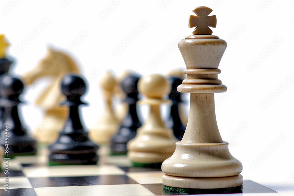 Close-up of a wooden chess king piece in the foreground, with blurred black and white chess pieces in the background on a chessboard Close-up of a wooden chess king piece in the foreground, with blurred black and white chess pieces in the background on a chessboard