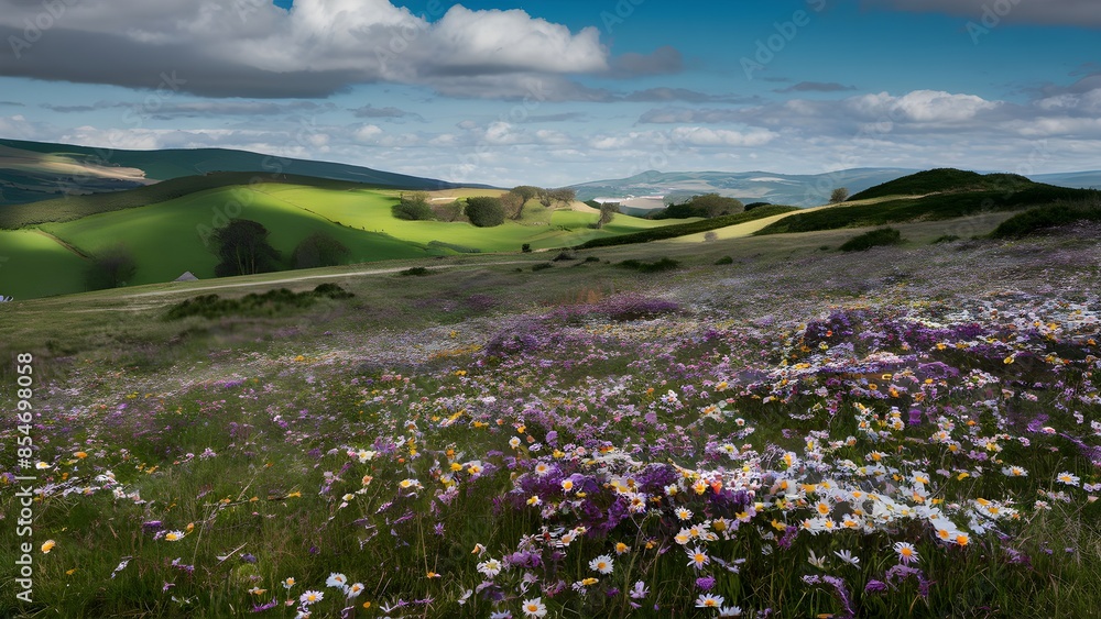 Great spring and summer standard scene with developing field of daisies in the grass in the disproportionate open country. Great spring and summer standard scene with developing field of daisies in the grass in the disproportionate open country.