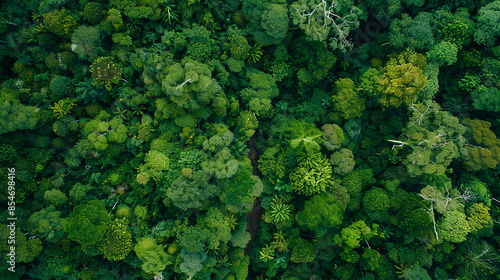 Lush Tree crowns, top view, aerial view. Dense green forest. Drone photo. ?ommunity led initiative to establish community forests and engage local residents in sustainable forest management photo