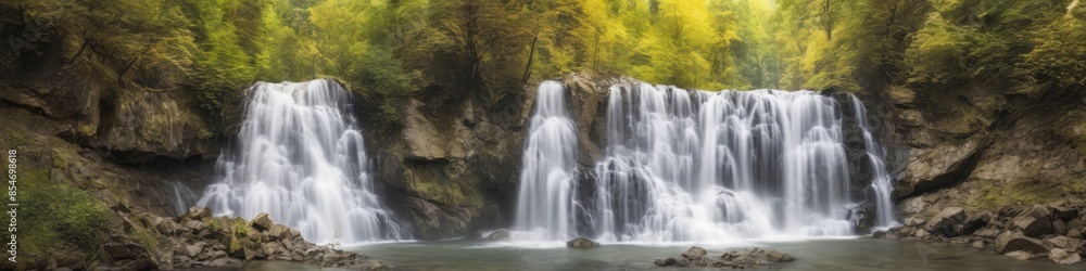 Obraz premium Majestic Waterfall Cascading through Lush Green Forest