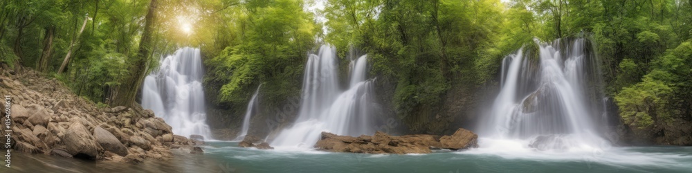 Naklejka premium Majestic Waterfall Flowing Through Lush Forest