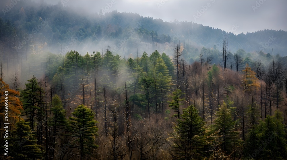 Naklejka premium Majestic forest facing environmental challenges due to climate driven vulnerabilities