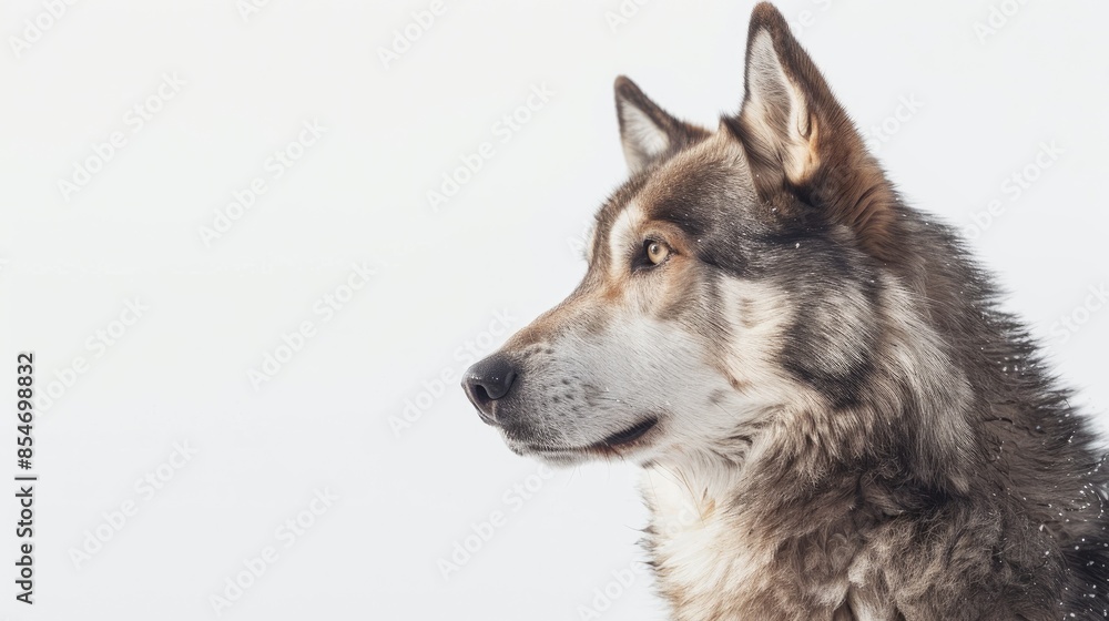 Timber Shepherd Wolfdog gazing in a different direction against a white background Timber Shepherd Wolfdog gazing in a different direction against a white background