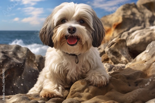 Portrait of a smiling havanese dog isolated on rocky cliff background © Markus Schröder