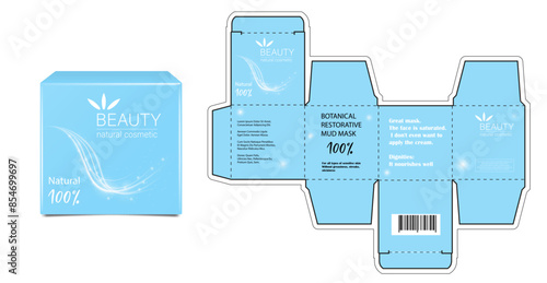 Design of the cosmetic packaging template. Cut. Cosmetic cream mask in a closed box. Realistic 3D model.